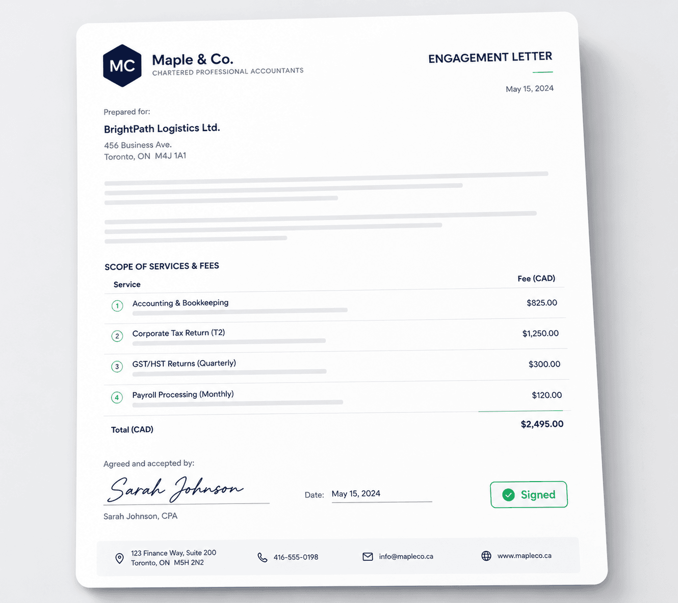 Engagement letter — branded letterhead, scoped fees and a signed e-signature