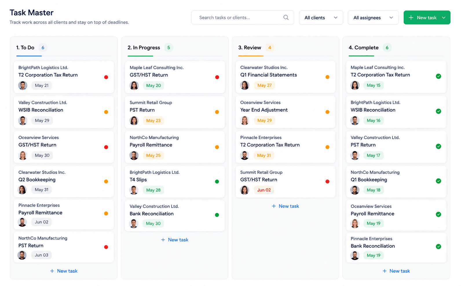 Task Master — Kanban board across To Do, In Progress, Review and Complete